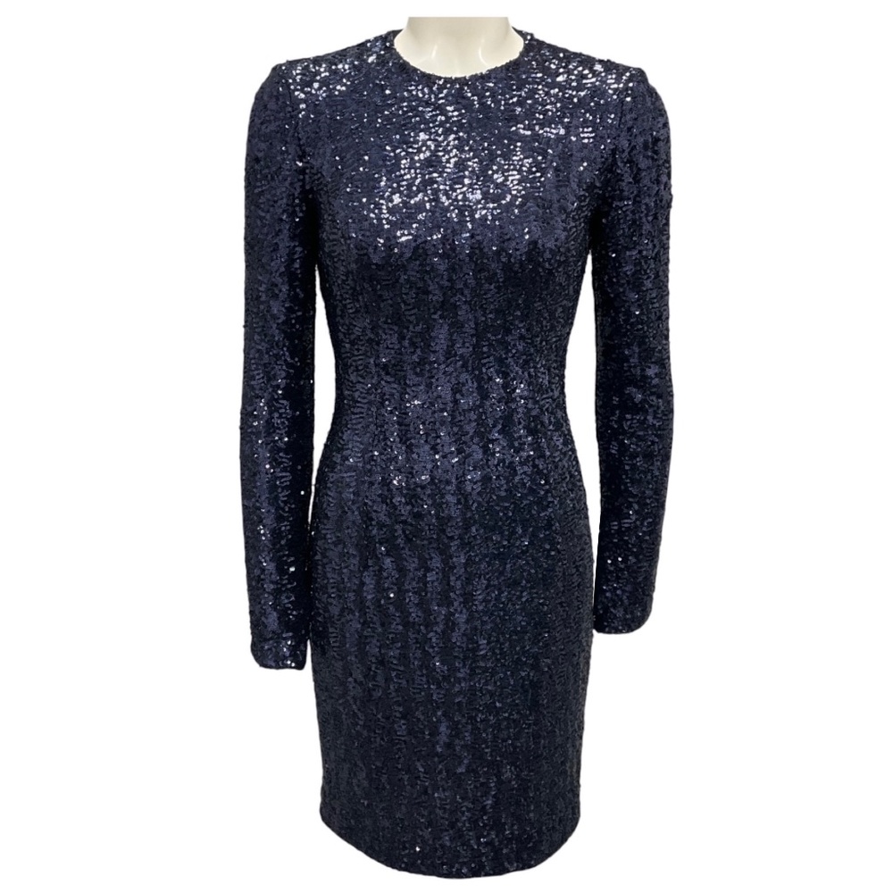 MICHAEL KORS COLLECTION NAVY SEQUINED STRETCH TULLE LONG SLEEVE DRESS